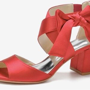 Women’s red chunky heel shoes with bow